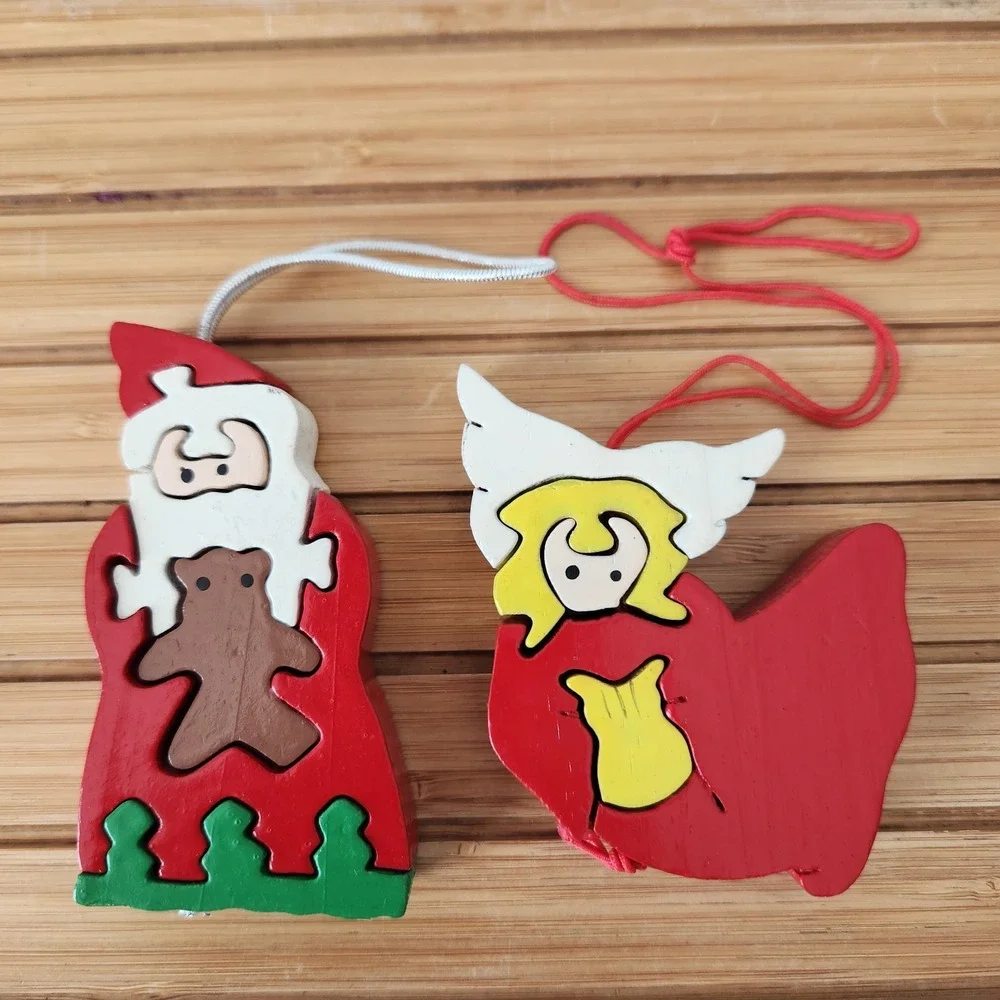 Vintage Lot of 2‎ Wood Jigsaw Puzzle Christmas Ornaments Santa Claus Angel